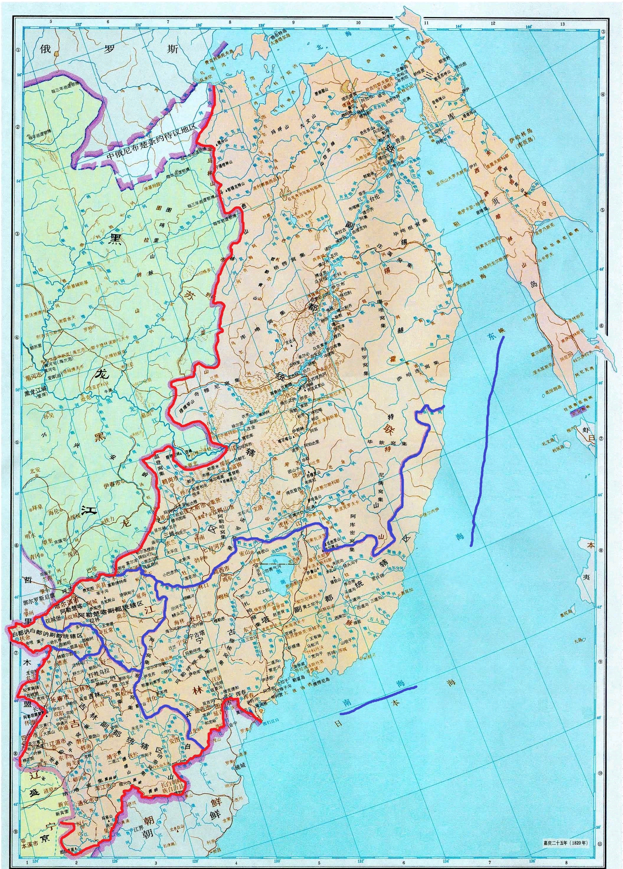 清朝前期五大将军府辖区图(彩色标记版)