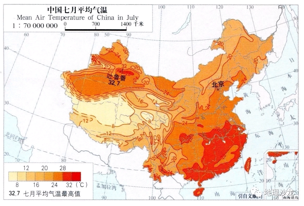 中国一月,四月,七月,十月及年平均气温分布图