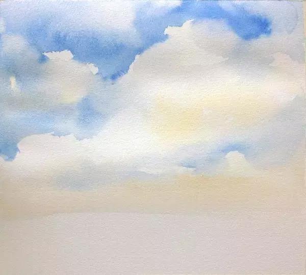 第四步: 继续画蓝色的天空,定位云的下侧,一些遥远的云和地平线.