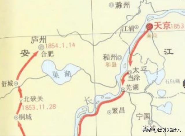 太平军西征路线图(局部,来源   《太平天国历史地图集》)