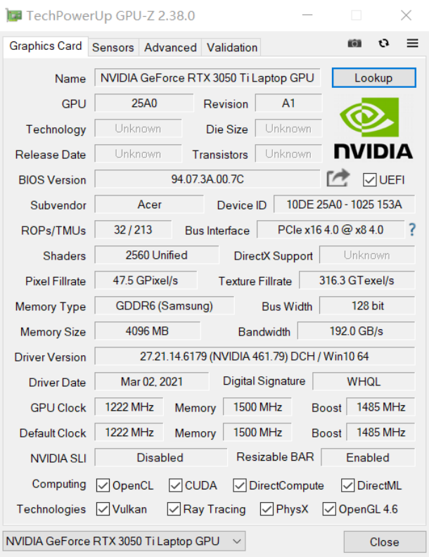 显卡搭载了rtx 3050ti显卡,与3050一样都是4gb显存容量.