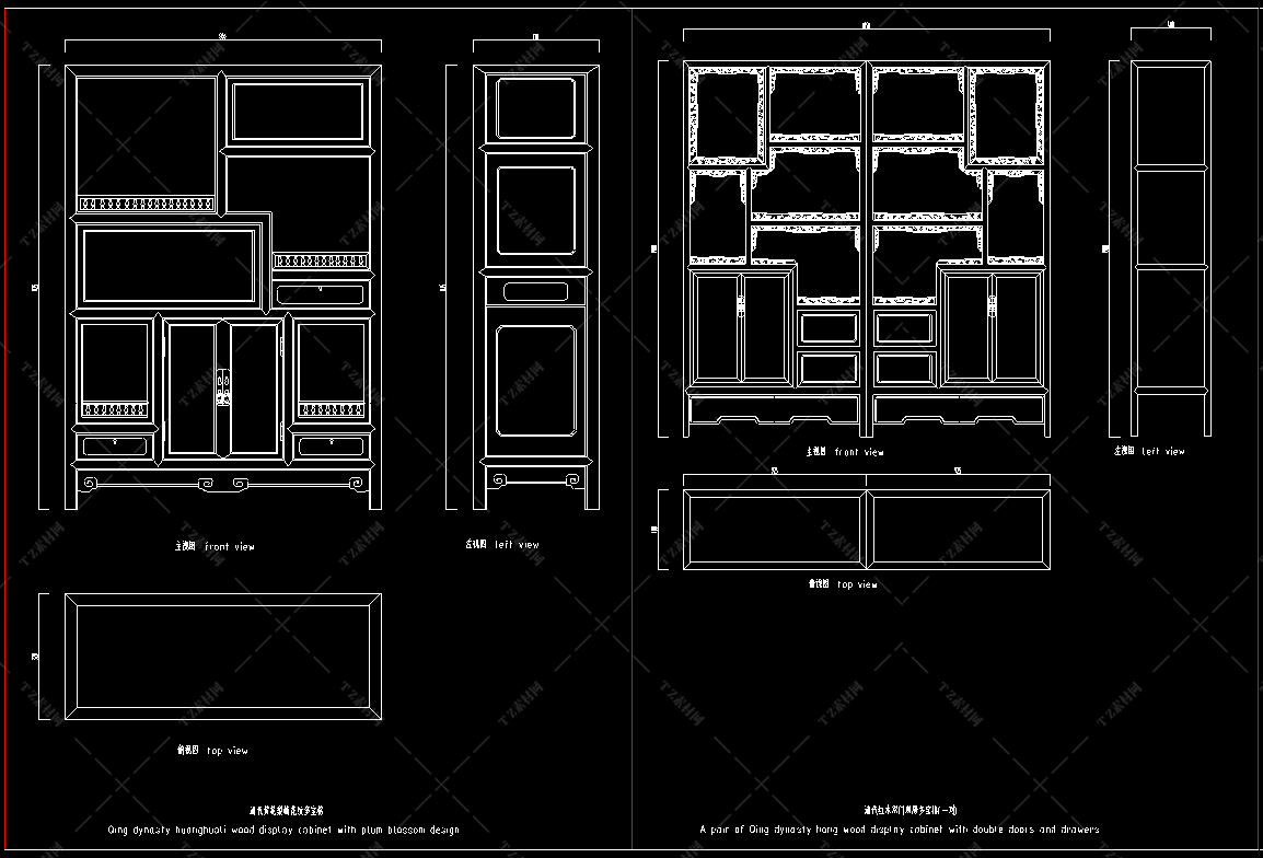 中式家具三视图cad施工图图库图块