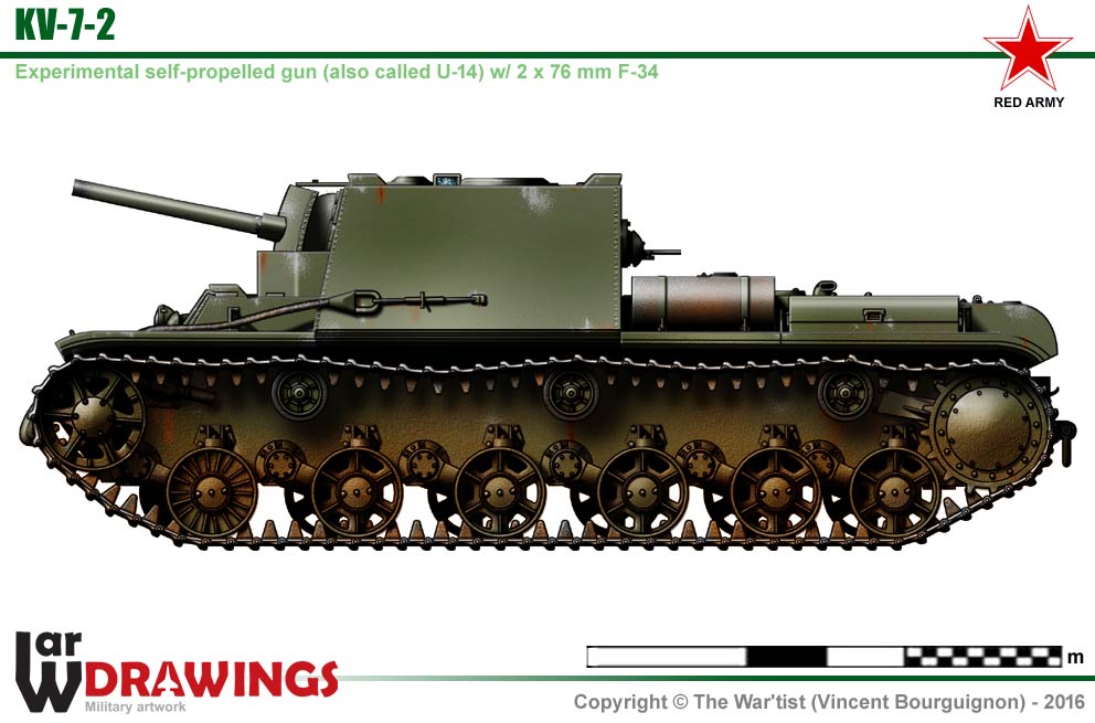 kv-7-2是kv-7的改进型(也称为u-14),安装了2门76毫米zis-5炮,正面装甲