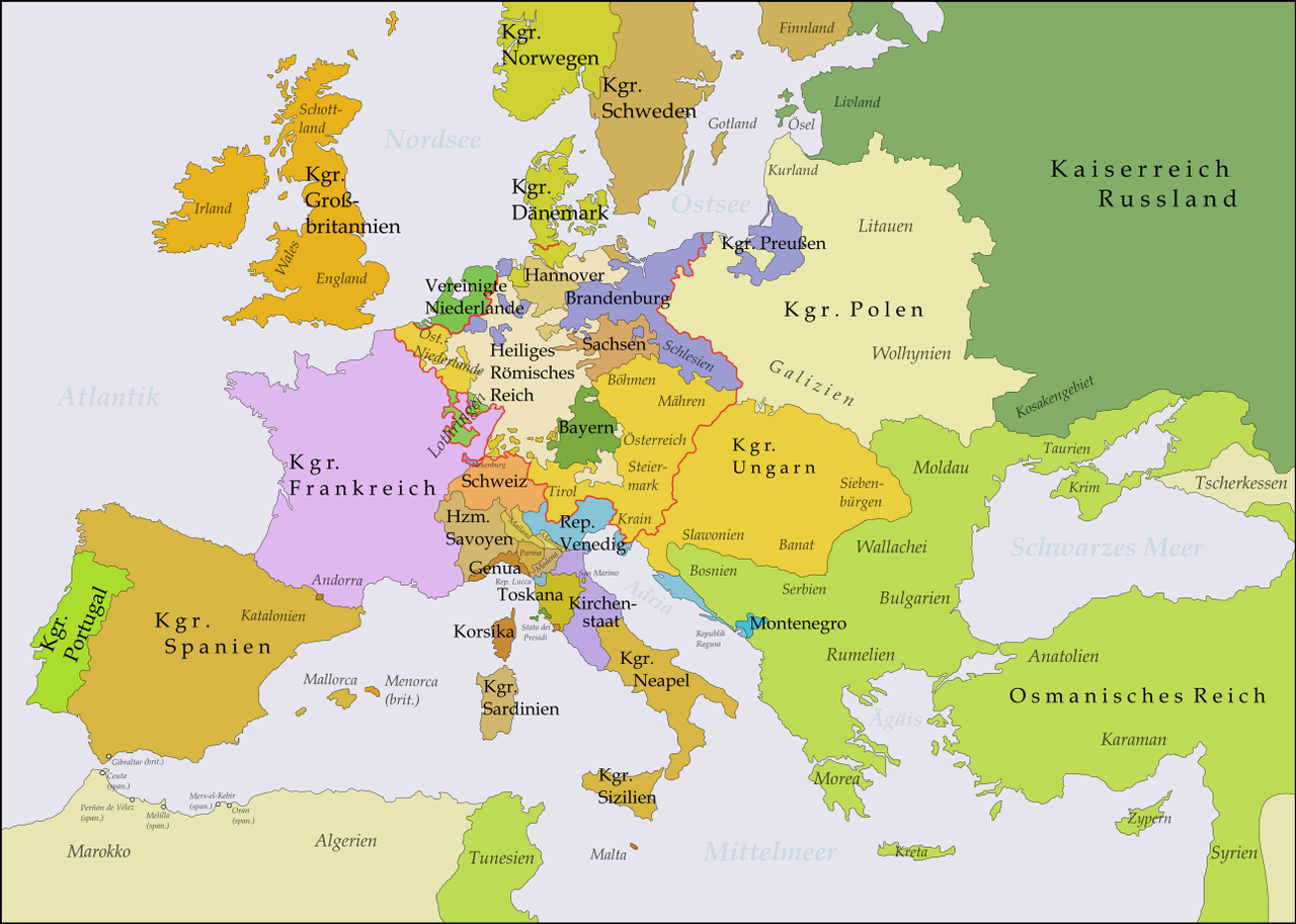 1748-1766年的欧洲 红线代表神圣罗马帝国
