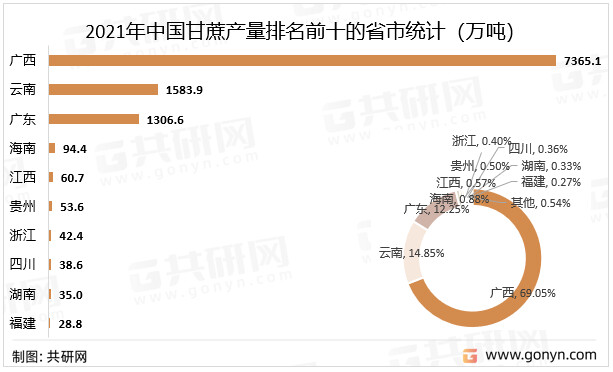 2021年中国甘蔗产量排名前十的省市统计(万吨)