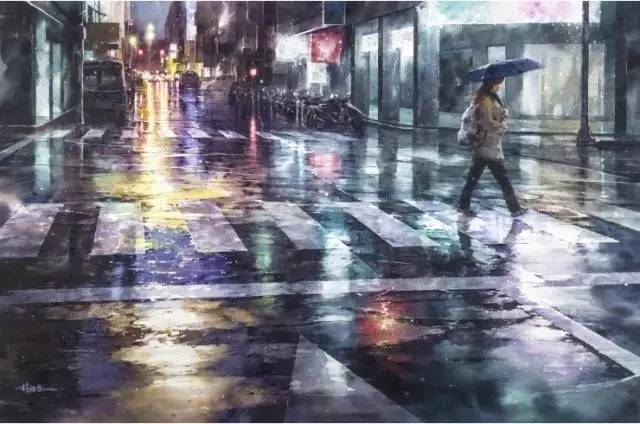 画家收藏馆朦胧的城市雨景by台湾水彩画师林经哲2020年3月18日