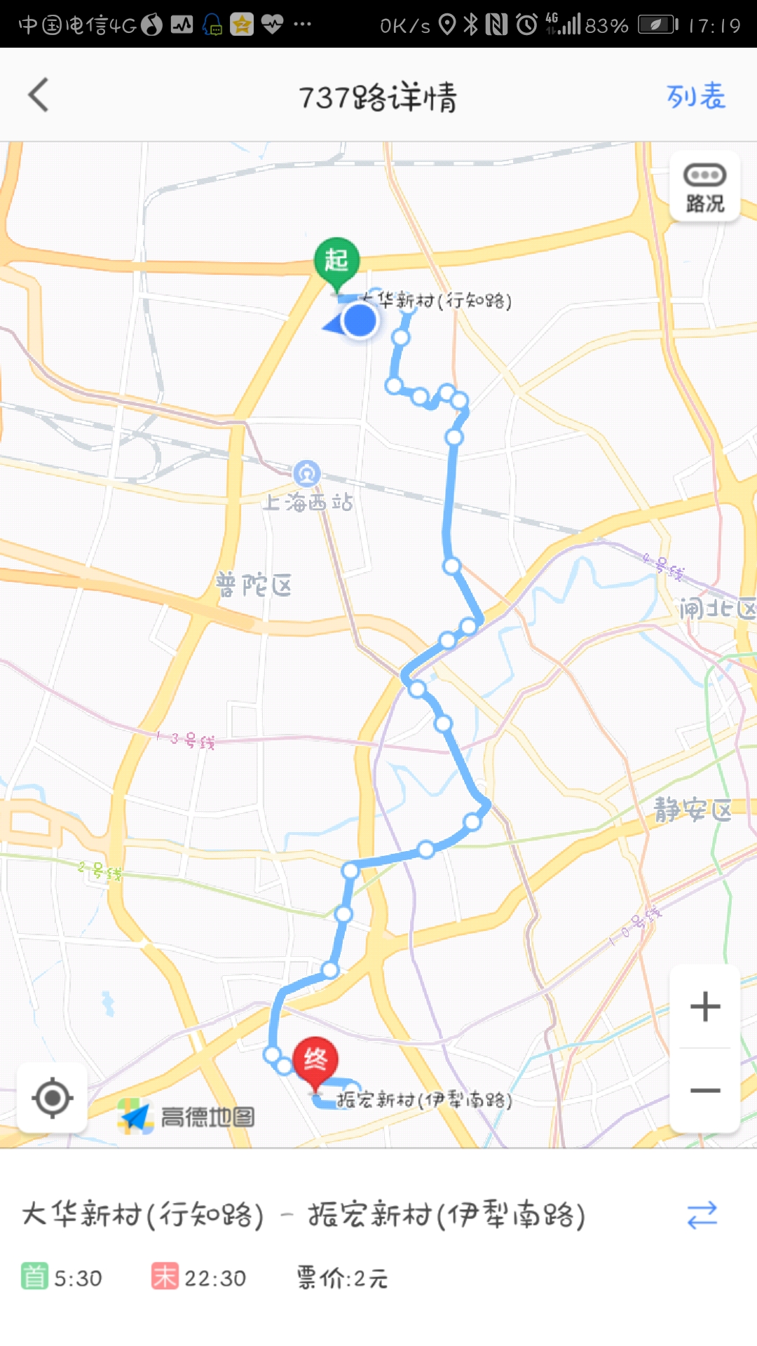 737路,上海巴士三公司六车队线路,全长17,高峰时段约5分钟一班车