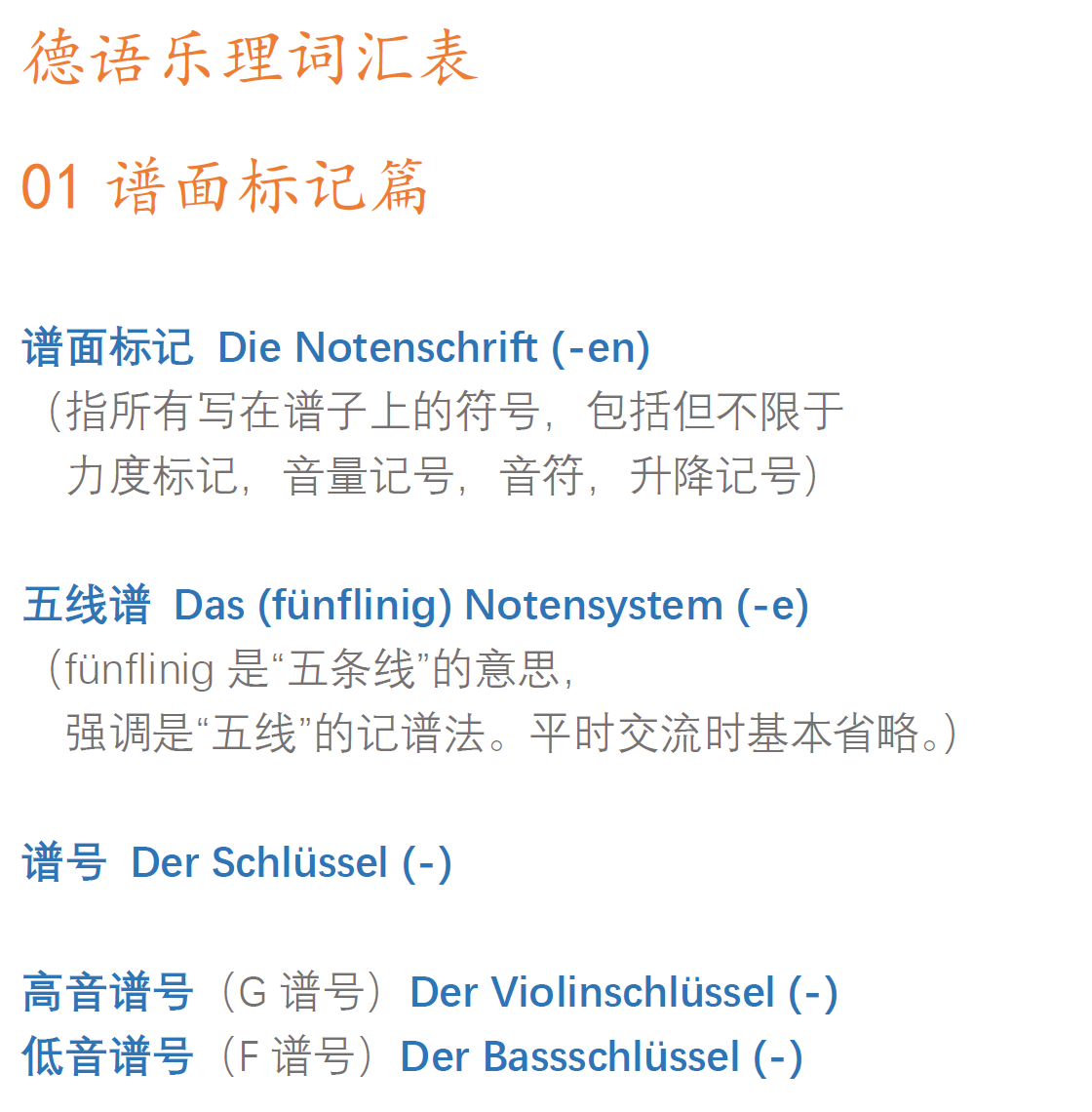本列表仅收集汇总各乐理词对应的德语翻译,不涉及乐理教学,供有一定