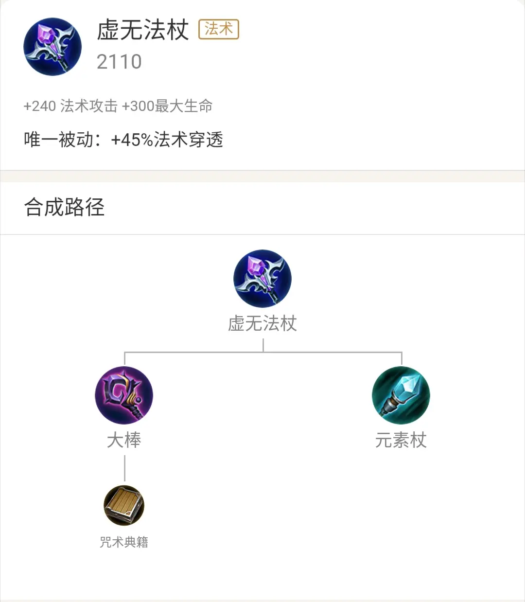 虚无法杖，俗称大棒，被动直接加百分比法穿，对方法术防御越高，这件装