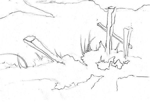 后院雪景的绘画步骤5 6,再勾画近处的栅栏和枯草的基本造型.