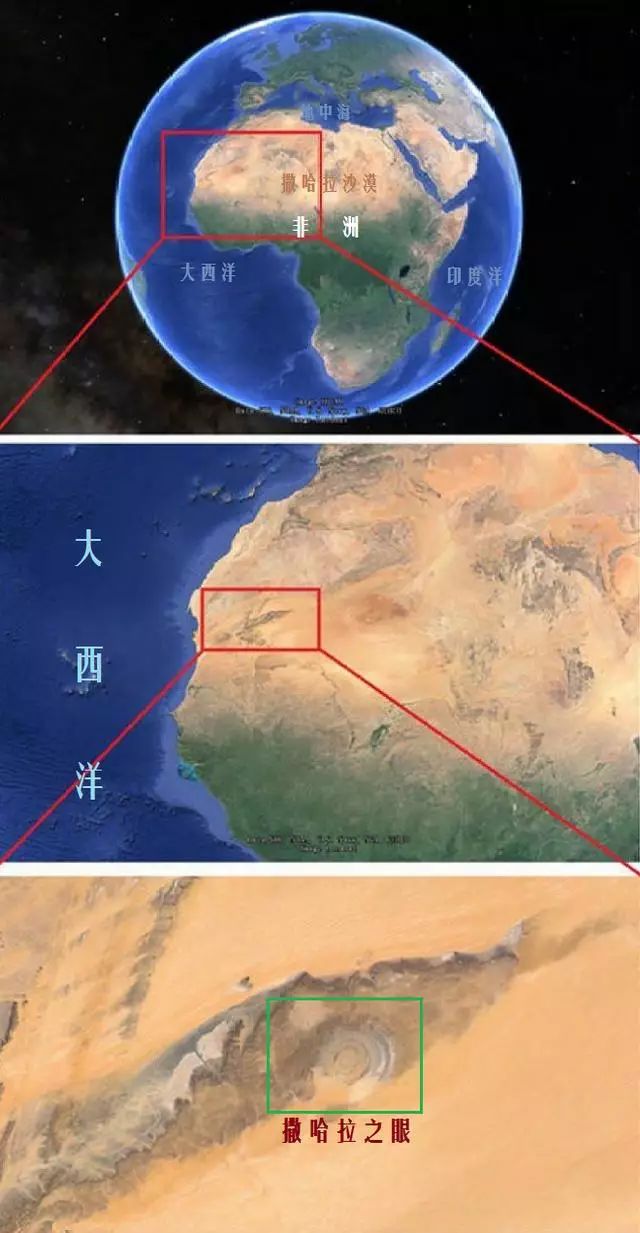 "撒哈拉之眼"位于撒哈拉沙漠西南部,毛里塔尼亚境内,约北纬21度07分