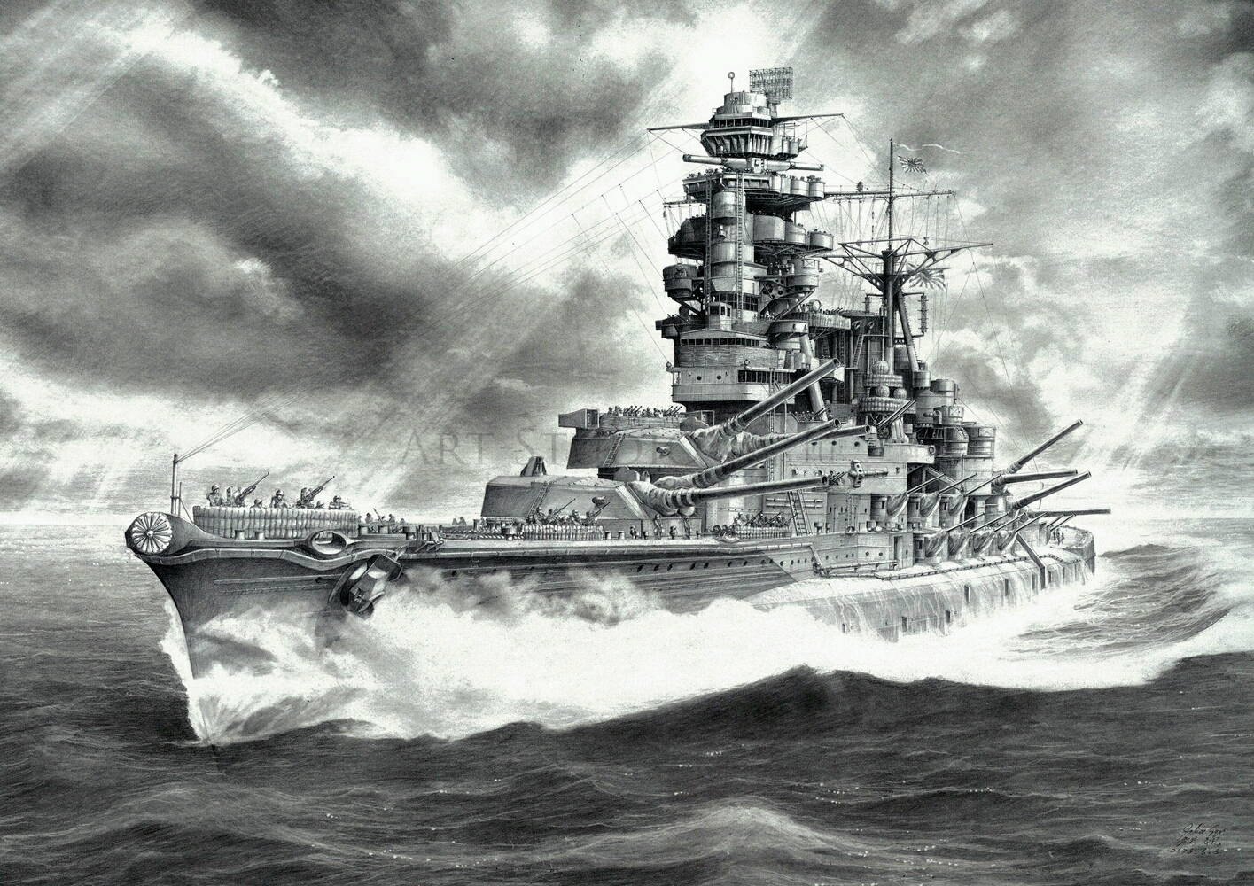 莱特湾海战中的战舰长门 铅笔画  可见其装备了大量的25mm机枪来增强