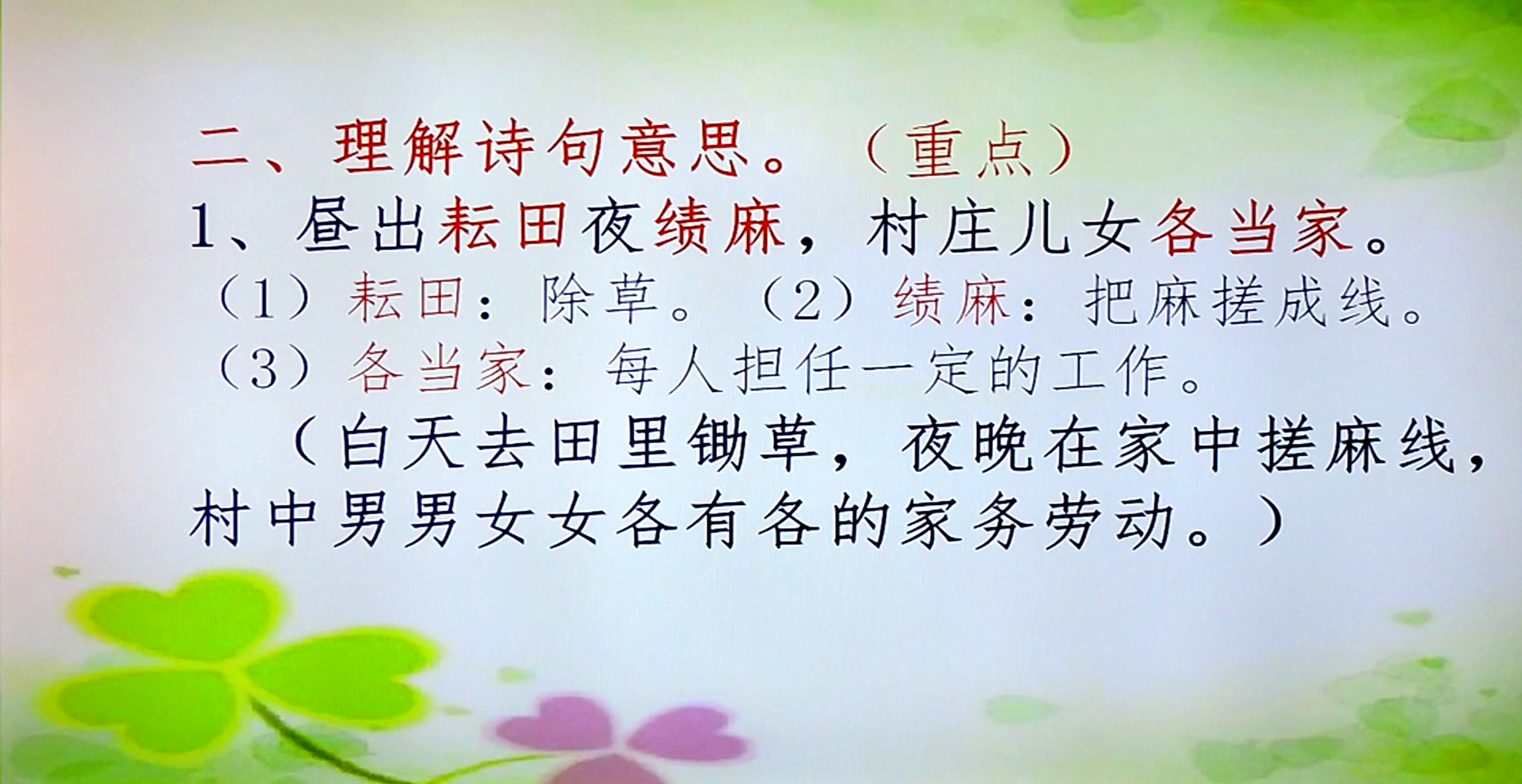 (2) 绩麻(3)未解(4)供(5)傍(6)阴 四,诗文赏析: 这首诗描写了农村夏日