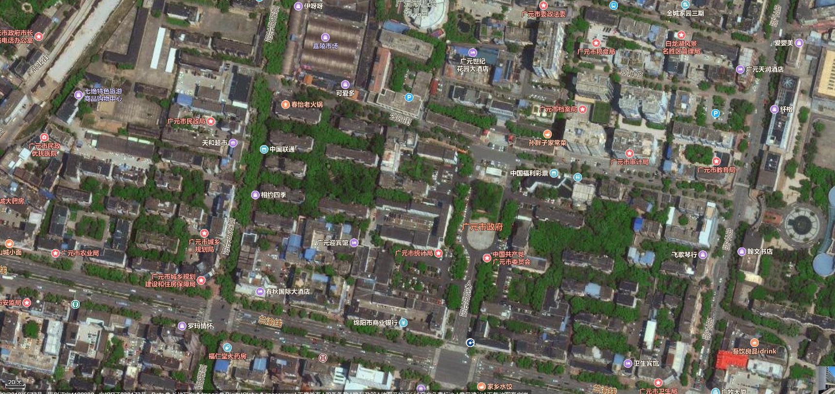 上面这张广元市卫星图是一个放大了的地图,是个20米比例(图上1厘米