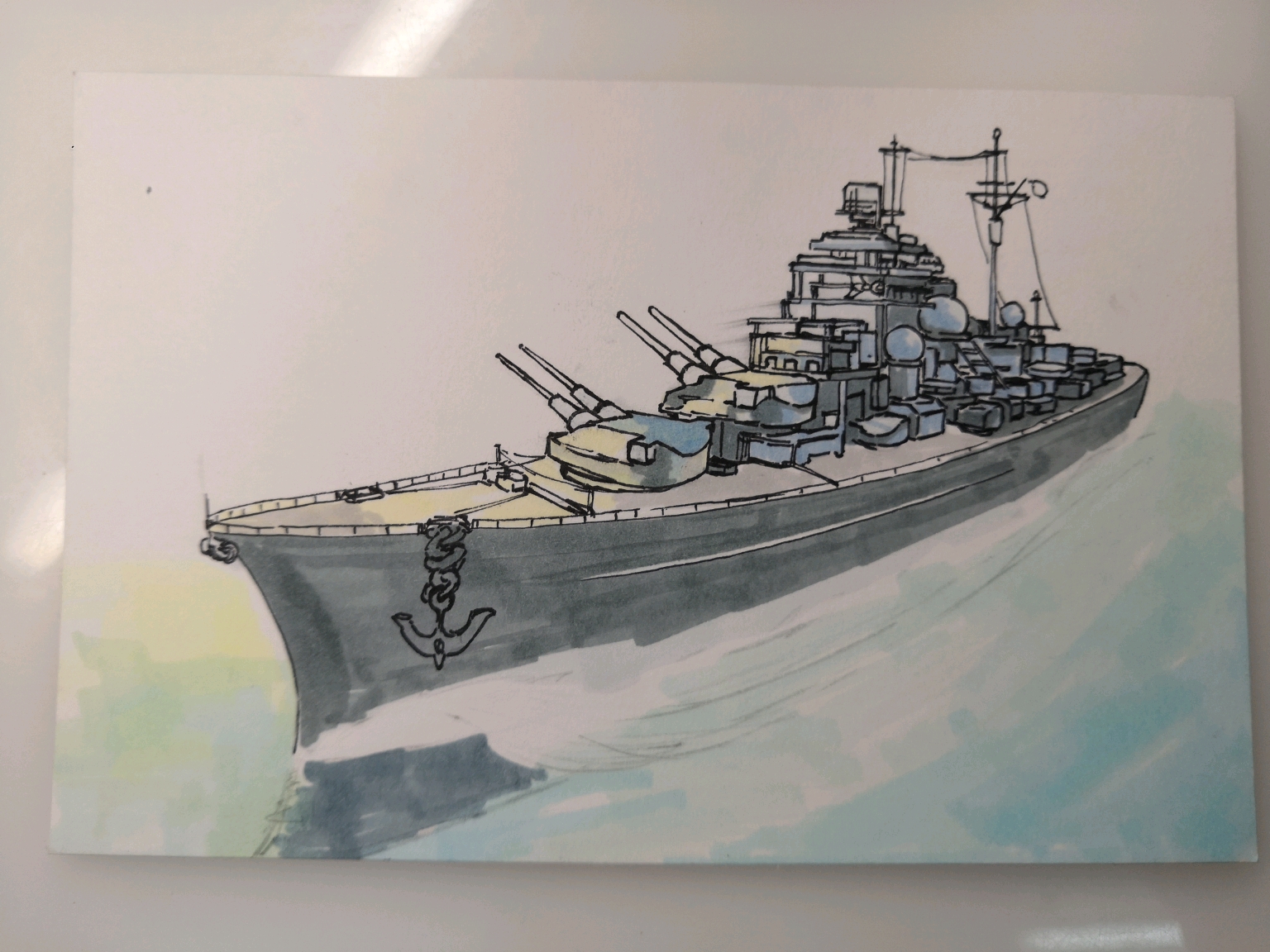 马克笔练习如何在明信片上画一艘军舰