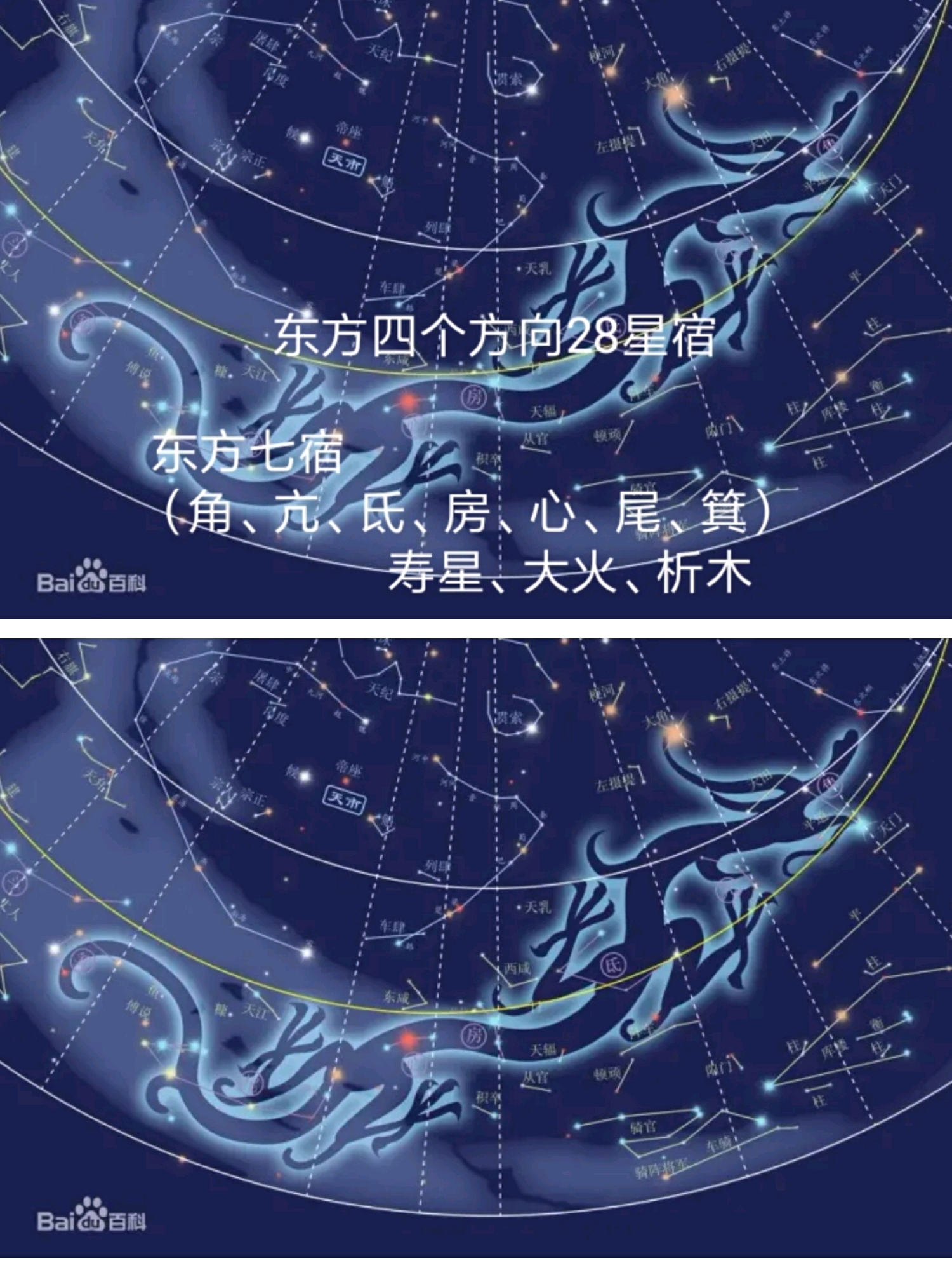 分别为: 东方七宿 (角,亢,氐,房,心,尾,箕)           寿星,大火,析木