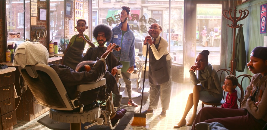 《心灵奇旅》剧照 理发店的客人们入迷地听着22号灵魂的故事