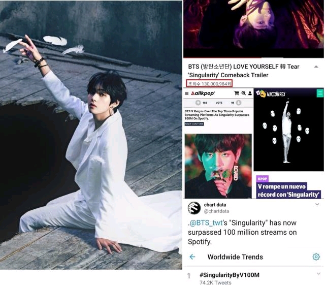 粗卡!bts金泰亨《singularity》mv在youtube突破一亿三千万点击量!