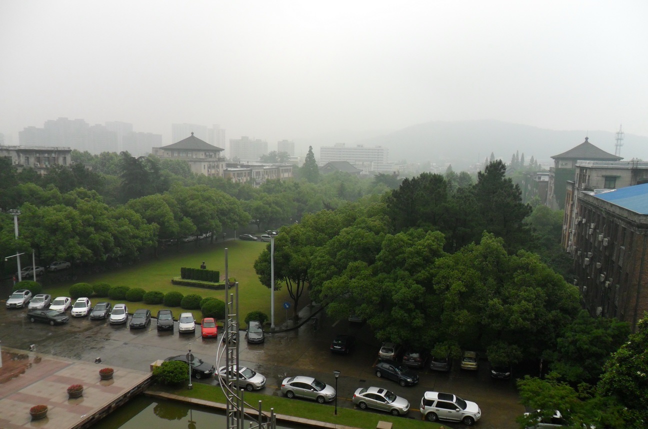 光景站在图书馆里,望着窗外蒙蒙细雨