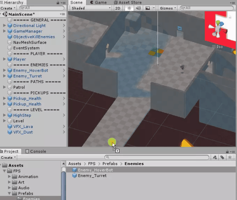 选中 enemy_hoverbot,把其拖动到scene视窗里进行实例化,并且拖动到