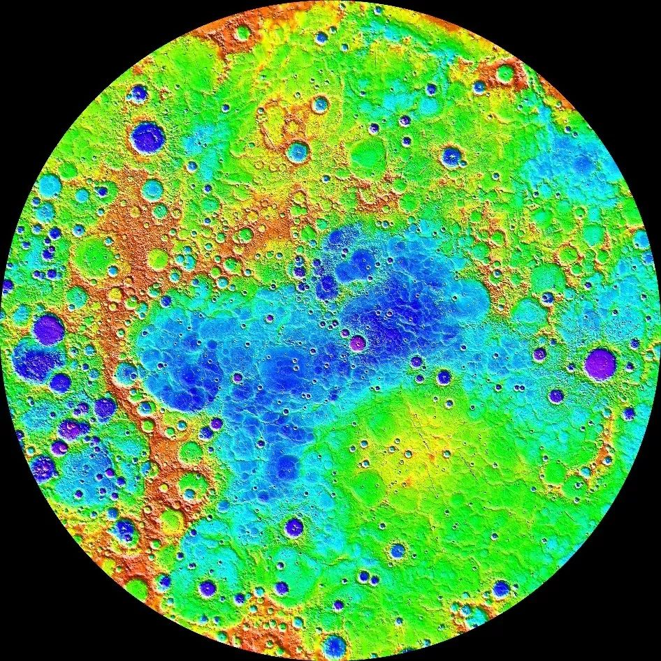 信使号绘制的水星地形图,紫色最低,红色最高