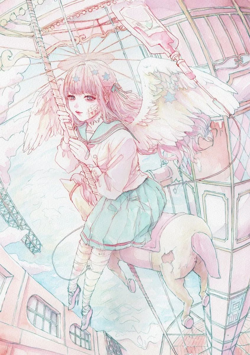 【水彩插画】散落人间的天使少女 眼睛画的超棒!(动漫