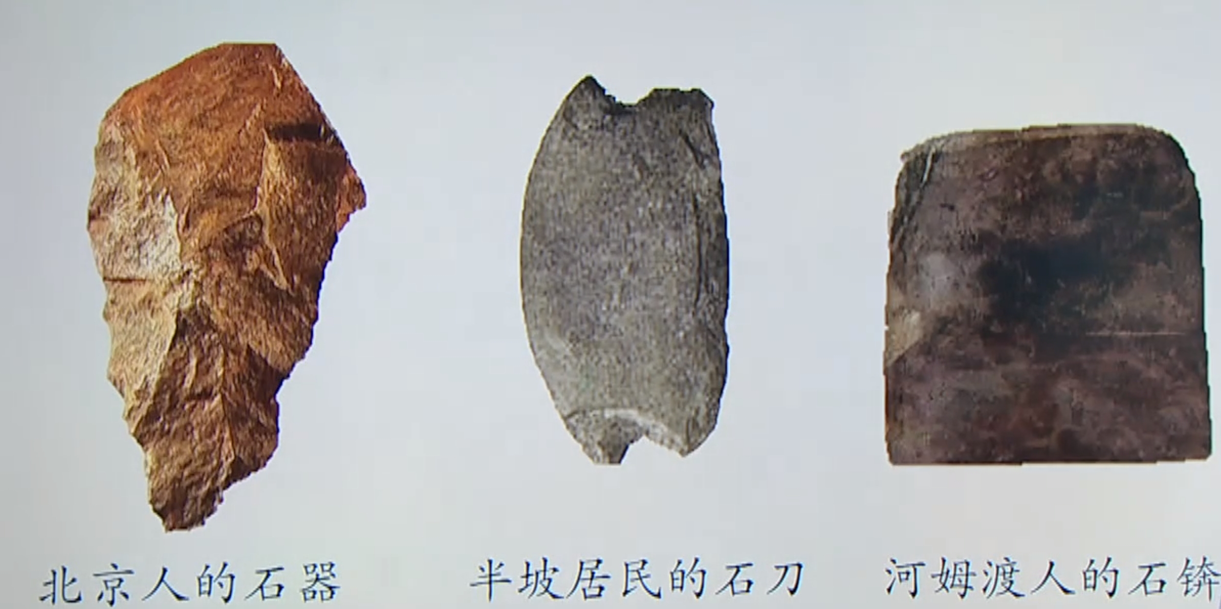 打制石器(左)磨制石器(中,右)