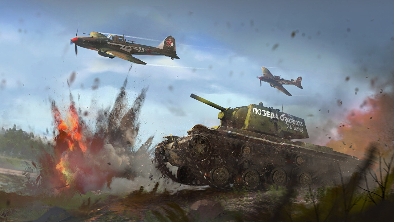 一辆kv-1/zis-5和两架伊尔-2,侧面标语不知道什么意思,还请俄语大佬