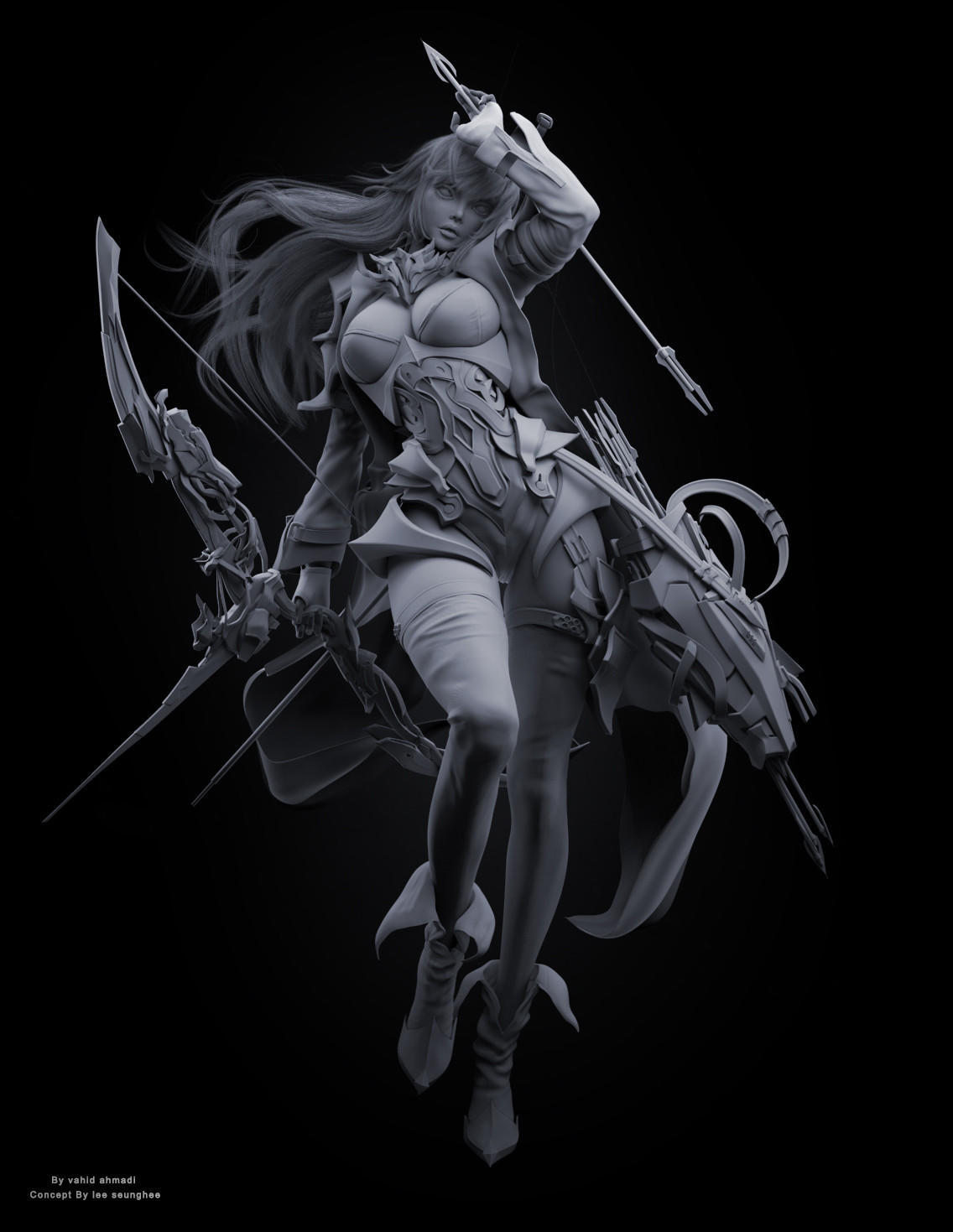 3d模型欣赏:长发飘飘 女射手 cg角色 姿势自然有美感 弓箭制作炫酷
