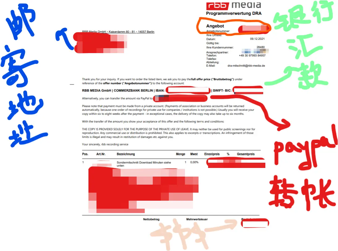报价单包括：一）买家的邮寄地址，二）国际银行转账方式及号码（iban与swi