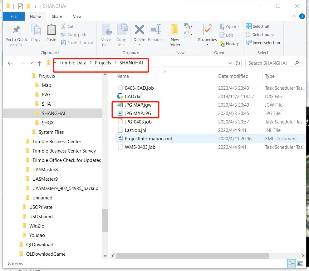 将编辑好的jpg文件和jpw文件复制到trimble data -> projects -> 你建立