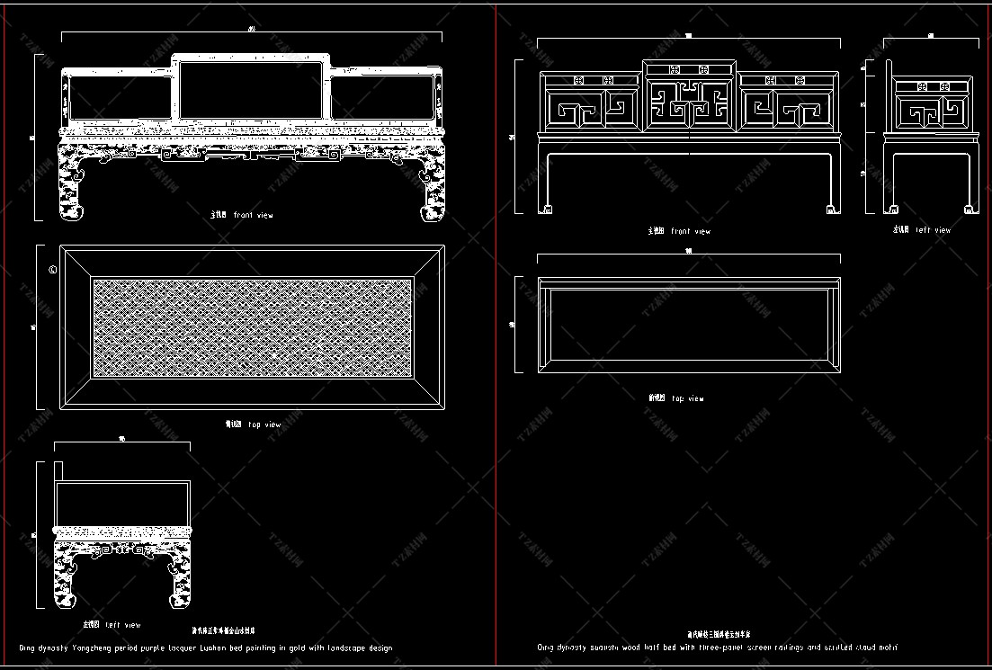 中式家具三视图cad施工图图库图块