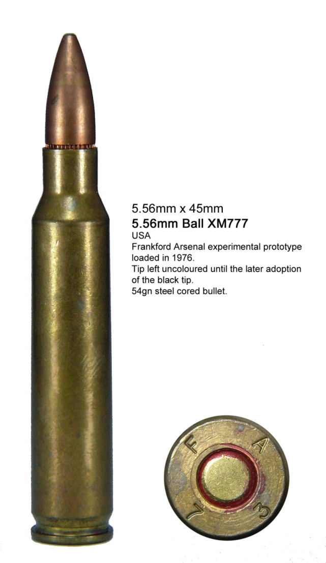 56x45mm xm777普通弹 xm777普通弹外形和m193普通弹差不多,弹头结构由