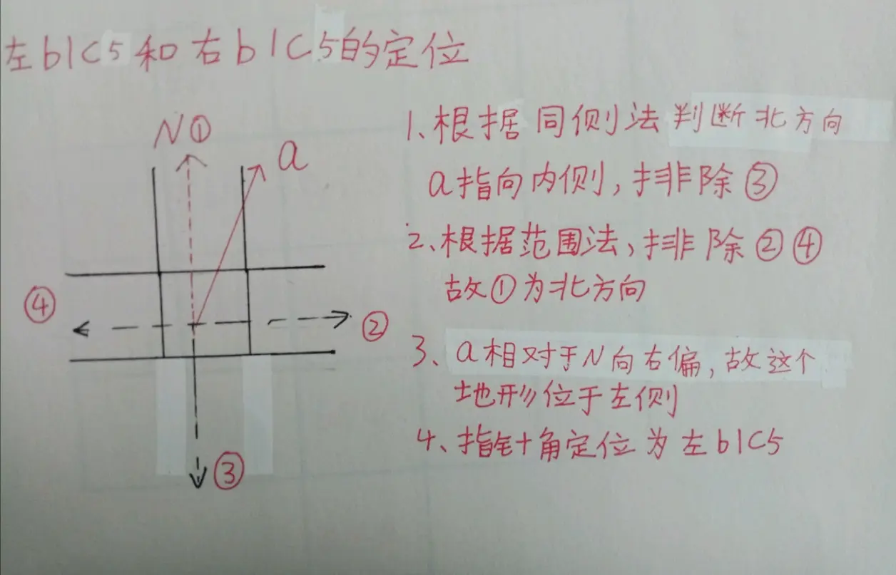 判断出北方向之后可以根据已知条件在地图中找到对应的位置左b1c1和右b1c1