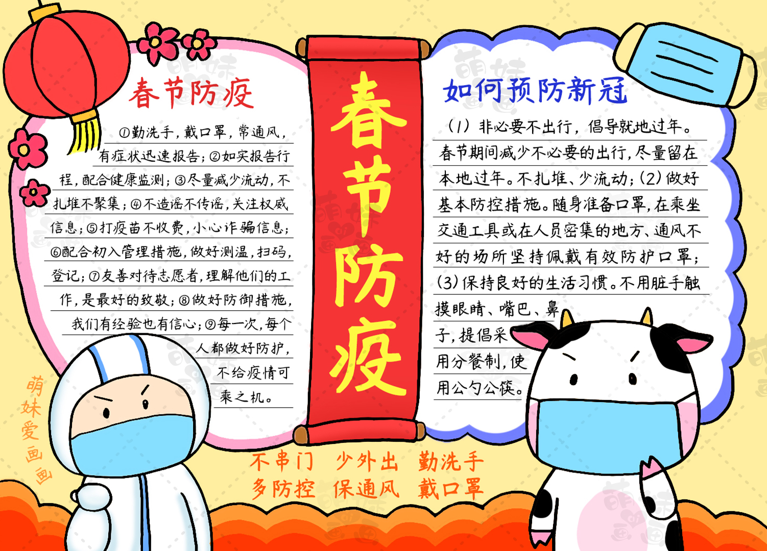 2021牛年春节防疫情手抄报模板,含内容文字,家长可收藏备用