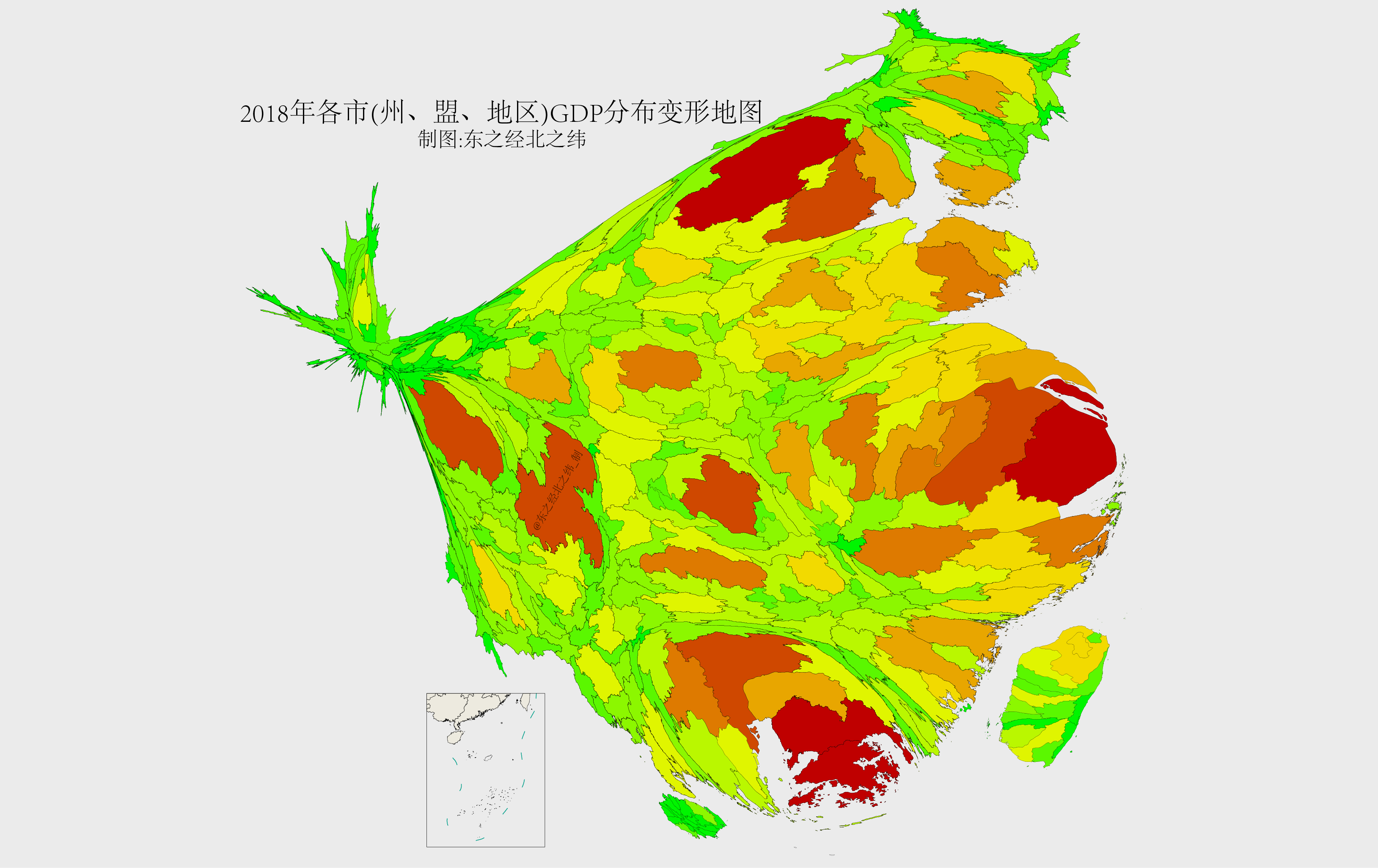 2018年各市(州)gdp排名分布变形地图,你还能找到你的家乡吗?