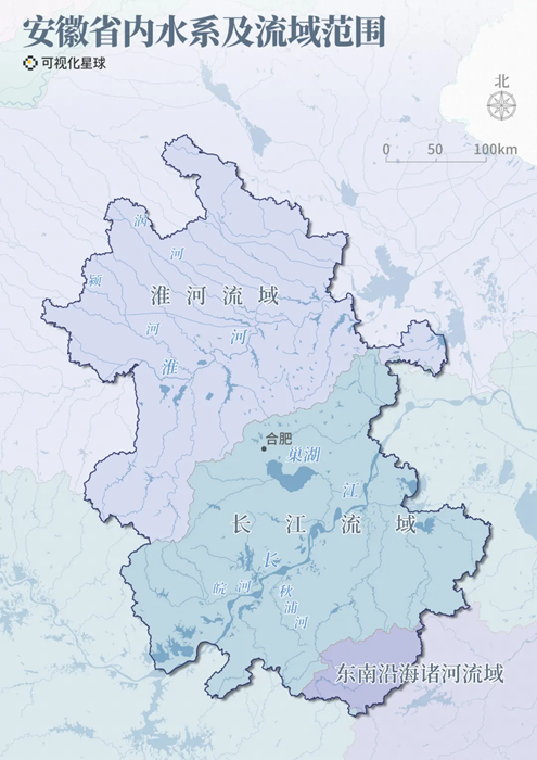 安徽省内水系及流域范围 制图@monologue/可视化星球