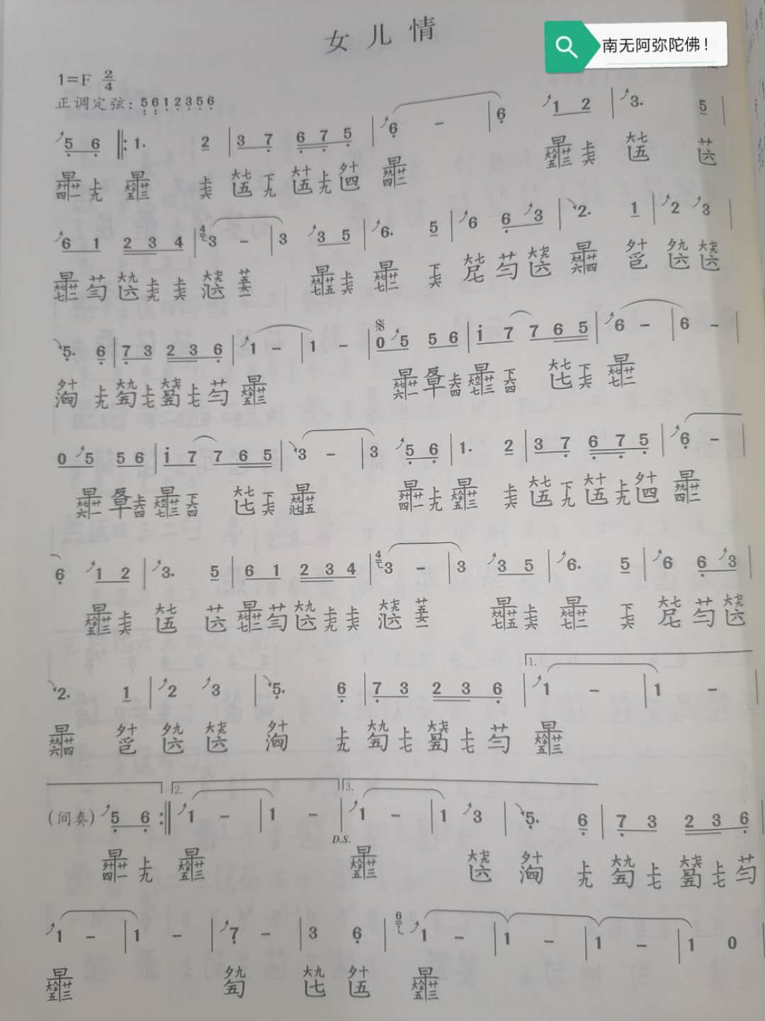 女儿情古琴减字谱