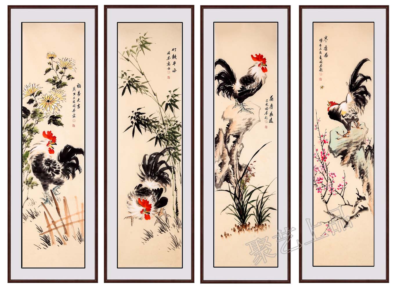 画家许国安国画四条屏《梅兰竹菊》作品选自:聚艺上品