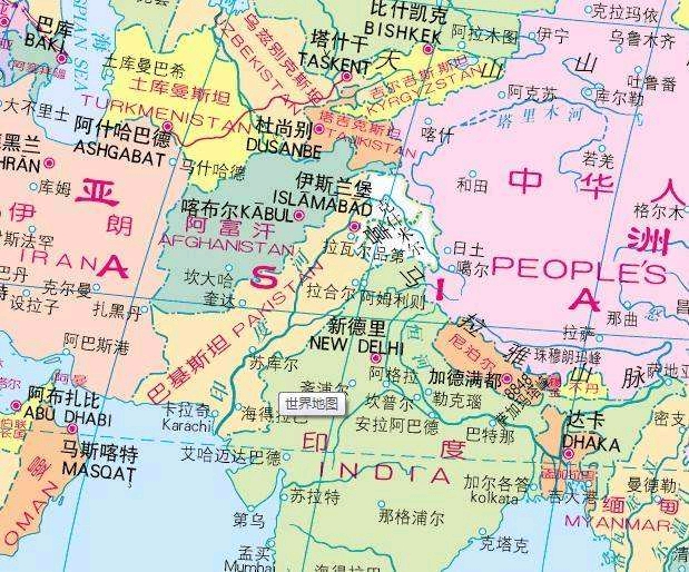 中亚,南亚与中国边境地图