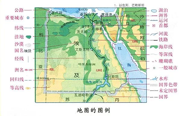 埃及地图,信息量非常大.图片来源:人教版《初中地理》