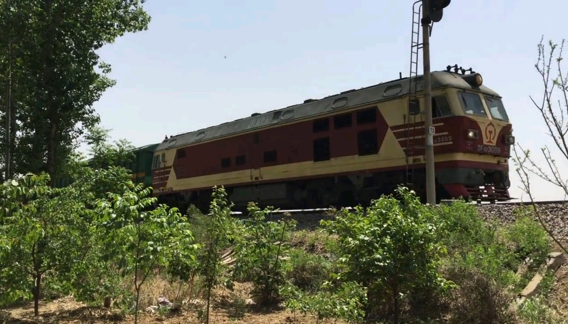 修复完毕的df4d 3009号机车在牵引行包货车