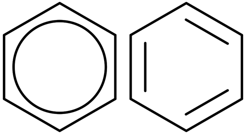 苯环的结构式,左边为了表示共轭结构写成了圆环[1]