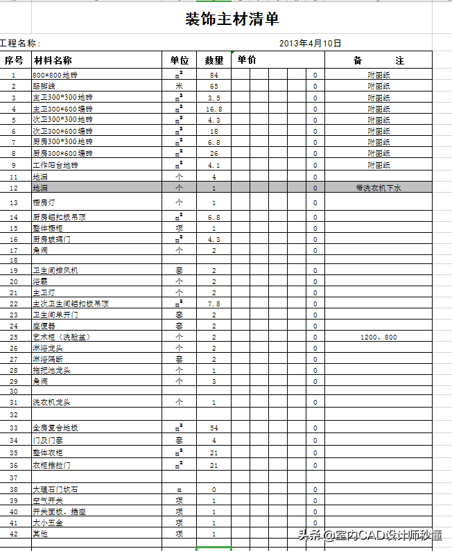 大家想要的室内装修预算模板200套来了!