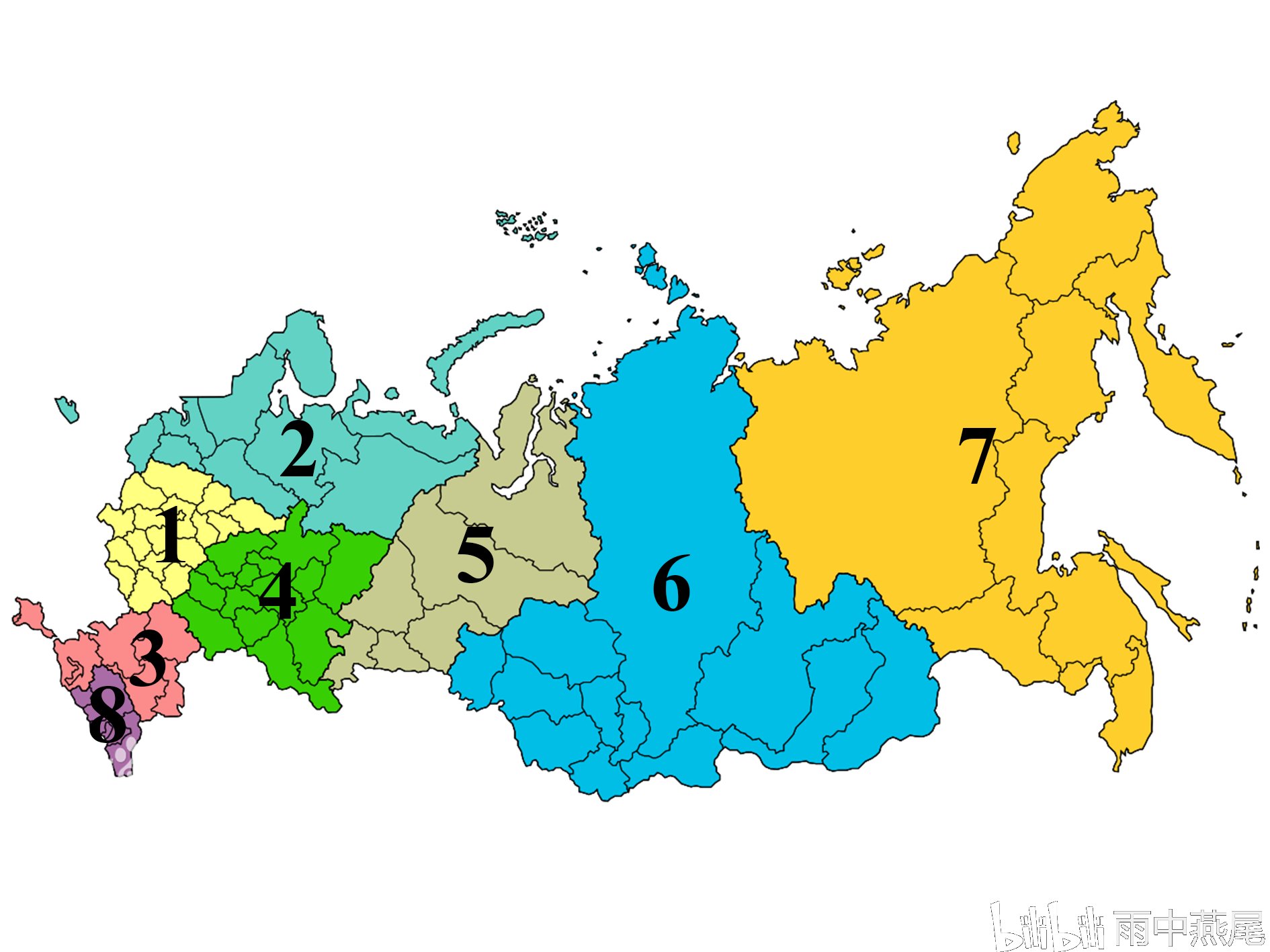 俄罗斯分为8大联邦管区(1中央,2西北,3南部,4伏尔加,5乌拉尔,6