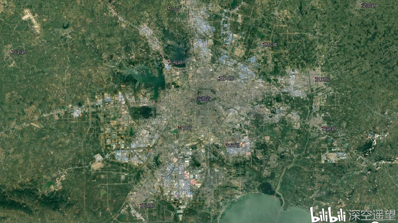 卫星地图上的安徽合肥,城市建成区很大,安徽第一城实至名归