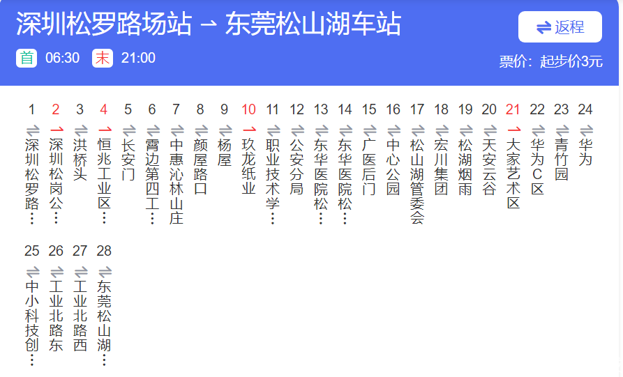 莞312路东莞松山湖车站方向路线表