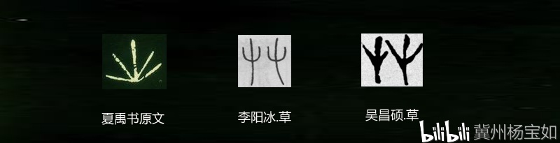 夏禹书中的"草"字,将篆书"草"字的左右两部分合为一体,也可以看做象形