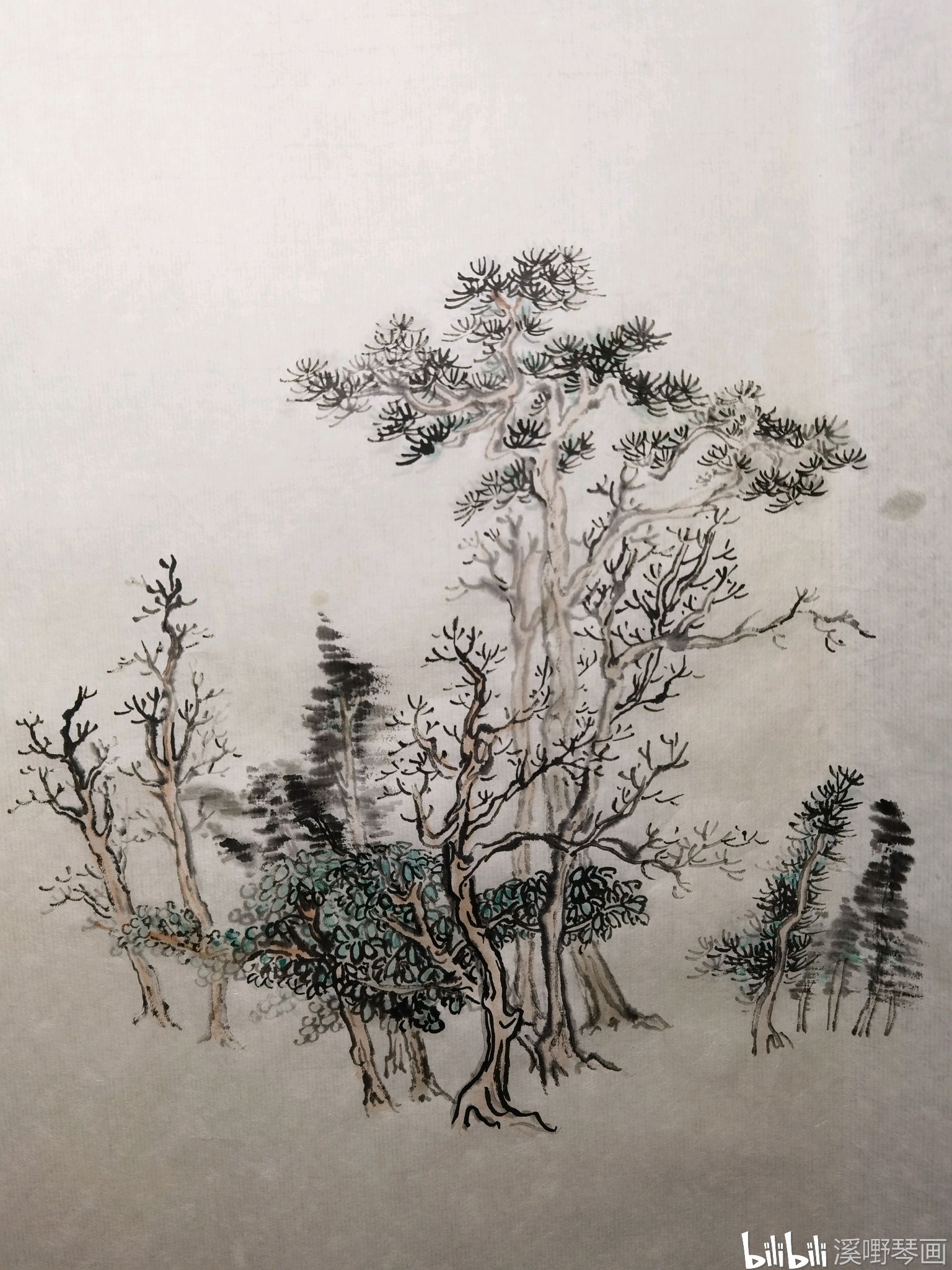 【国画】芥子园画传范宽刘松年杂树对临彩稿