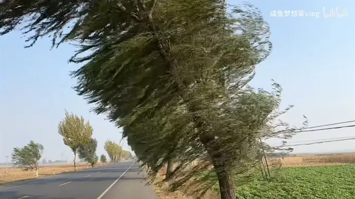 小伙骑行东北，大风天骑行很危险，吓出一身冷汗